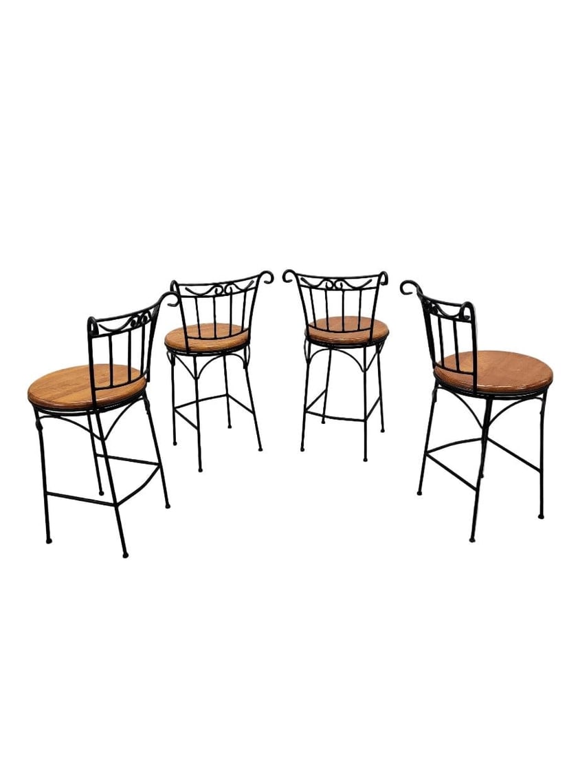 French Country Style Wrought-Iron and Wood Swivel Bar Stools - Set of 4 - 6