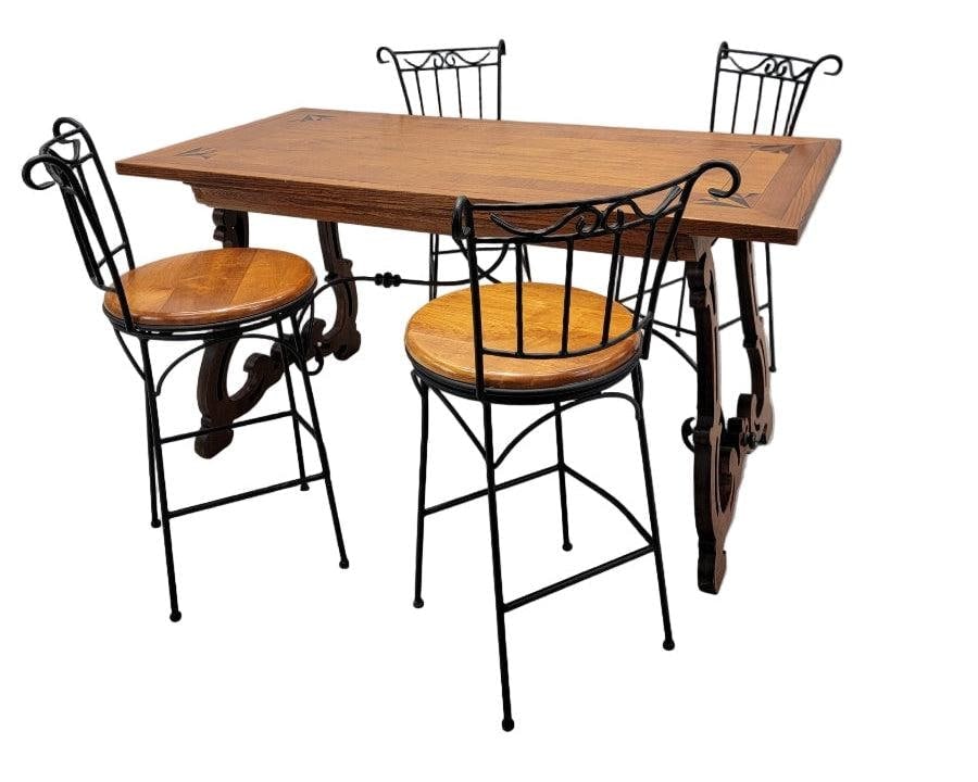 French Country Style Wrought-Iron and Wood Swivel Bar Stools - Set of 4 - 7