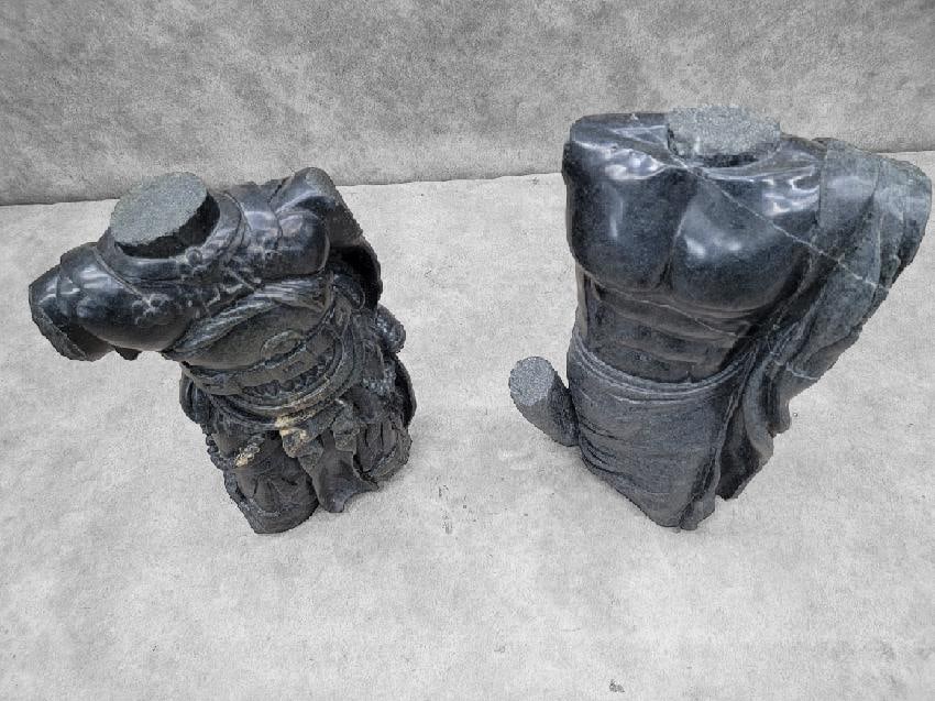 Antique Monumental Sculpted Black Marble Robed & Armored Roman Emperor Bust - Set of 2 - 5