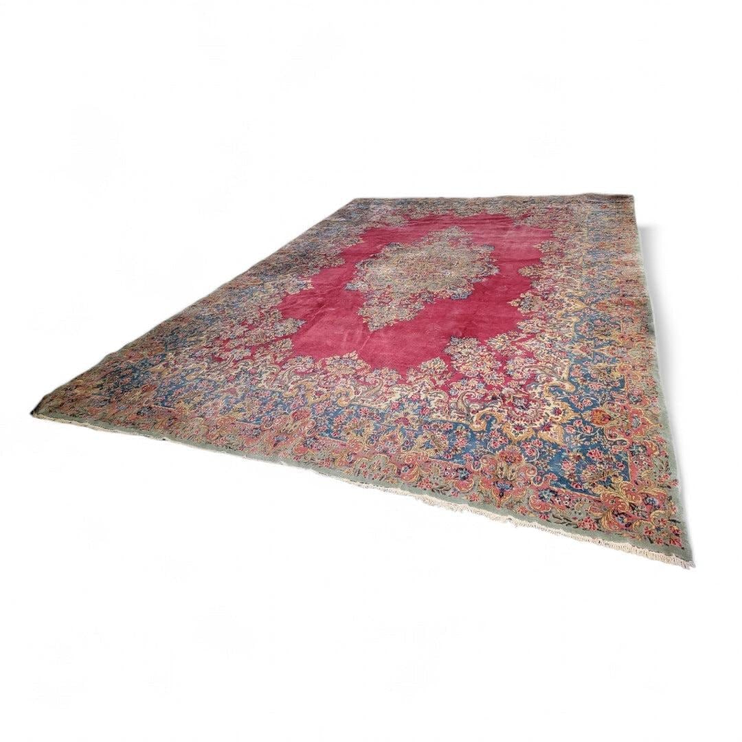 Antique Hand Woven Persian Kerman Rug: Title: Antique Hand Woven Persian Kerman Rug Description: Antique Hand Woven Persian Kerman Rug This exquisite Antique Hand Woven Persian Kerman Rug showcases a classic rectangular design, embodying