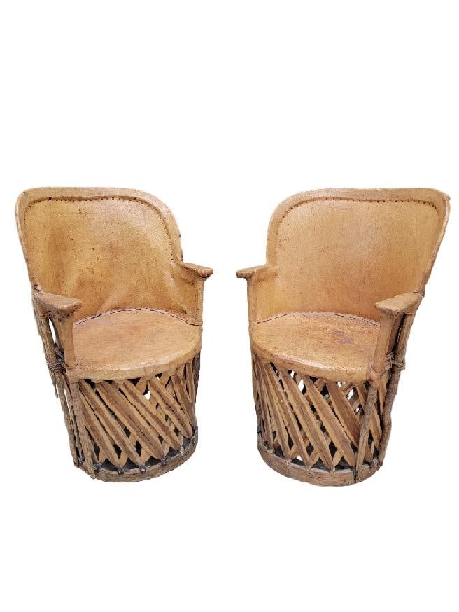 Vintage North or Native American Leather and Wood Chairs - Pair - 2