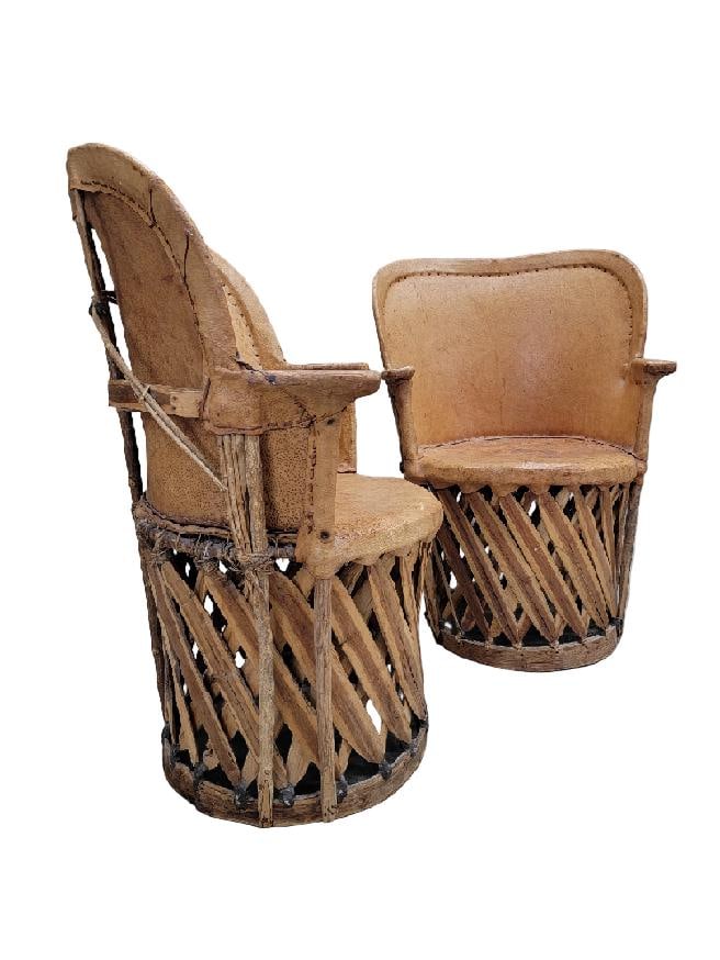 Vintage North or Native American Leather and Wood Chairs - Pair - 3