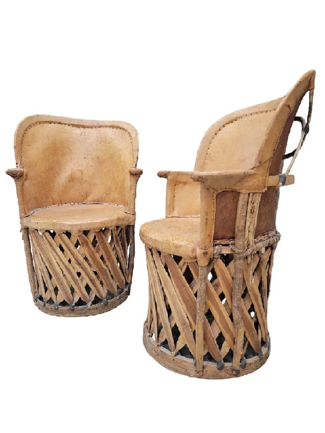 Vintage North or Native American Leather and Wood Chairs - Pair - 4