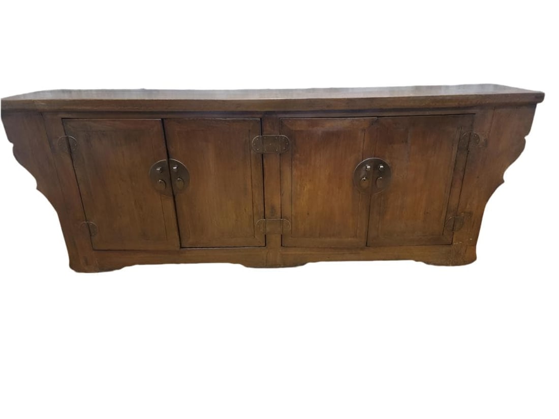 Antique Shanxi Province Winged Elm Sideboard: Title: Antique Shanxi Province Winged Elm Sideboard Description: Antique Shanxi Province Winged Elm Sideboard This elmwood winged sideboard with original brown lacquer and patina has 4 drawers, 4 shel