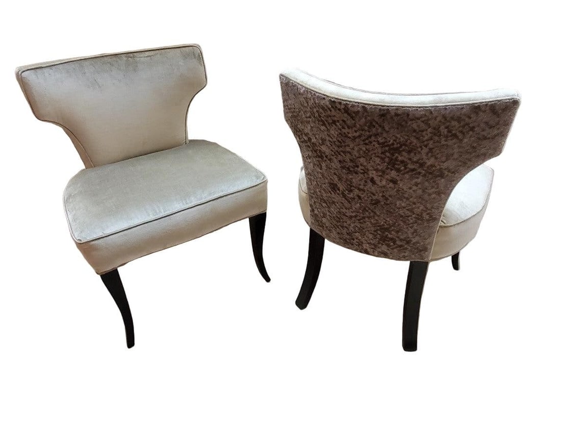 MCM T Back Side Chairs Newly Reupholstered - Pair: Title: MCM T Back Side Chairs Newly Reupholstered - Pair Description: Mid Century Modern Designer T Back Ebony Cabriole Legs Side Chairs Newly Upholstered in High End Silk Velvet - Pair The designer