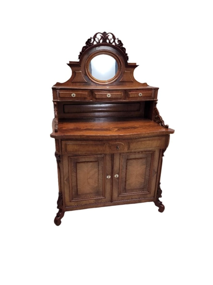 Antique English Victorian Chiffonier Cabinet with Mirror: Title: Antique English Victorian Chiffonier Cabinet with Mirror Description: Antique English Victorian Bookmatched Mahogany Mirror Topped Chiffonier Cabinet This beautiful 19th century mahogany