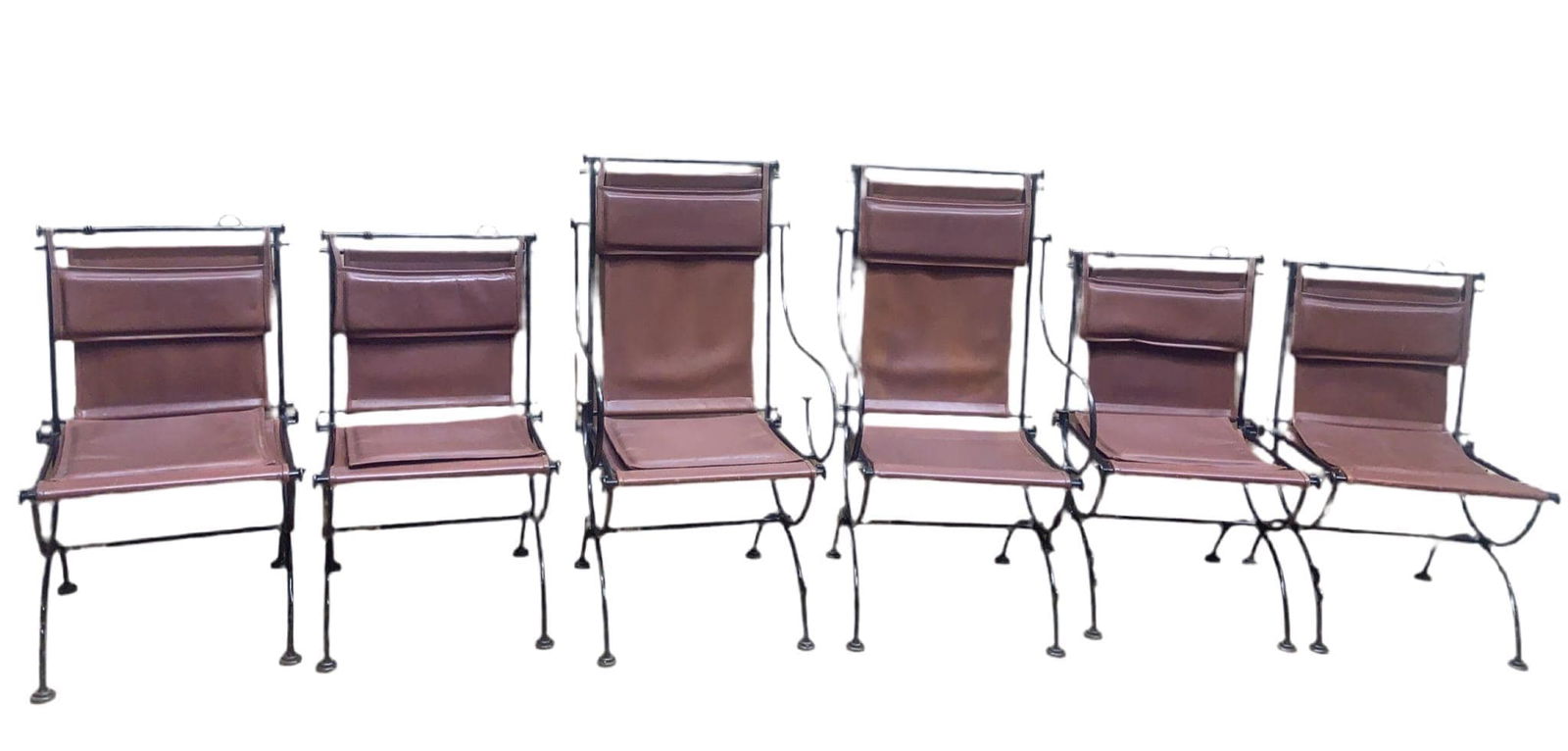 Vintage Brutalist Style Sling Chairs by Ilana Goor - 6: Title: Vintage Brutalist Style Sling Chairs by Ilana Goor - 6 Description: Vintage Brutalist Leather and Wrought Iron Sculpted Sling Dining Chairs by Ilana Goor - Set of 6 This beautiful set of six