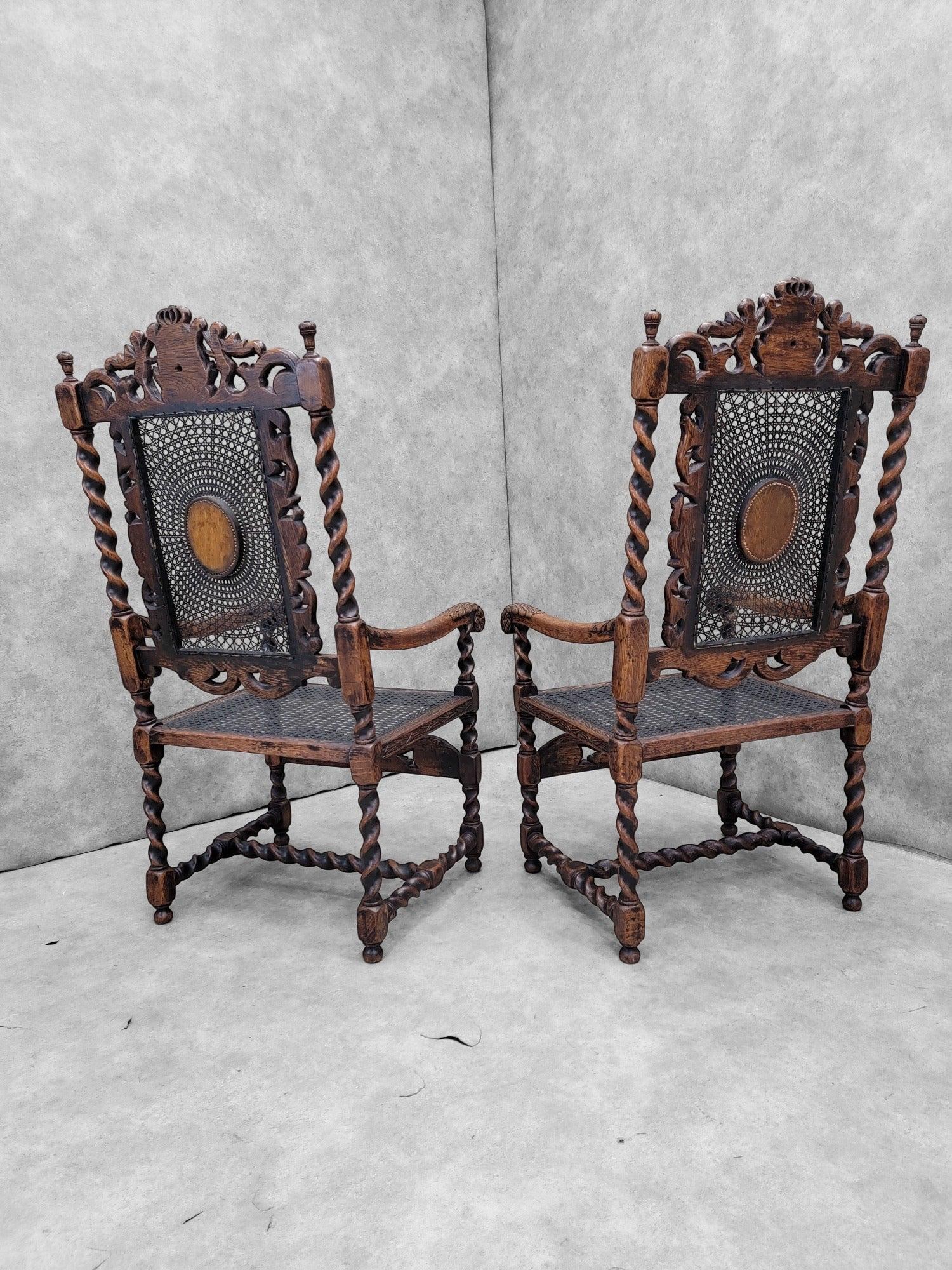 Antique French Jacobean/Renaissance Revival Figural Throne Chairs - Pair - 4