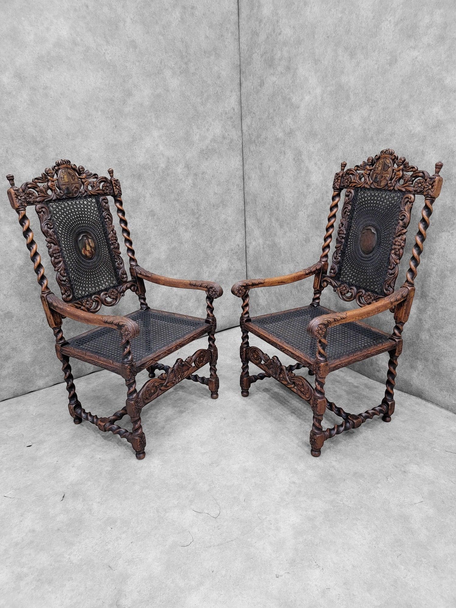 Antique French Jacobean/Renaissance Revival Figural Throne Chairs - Pair - 6