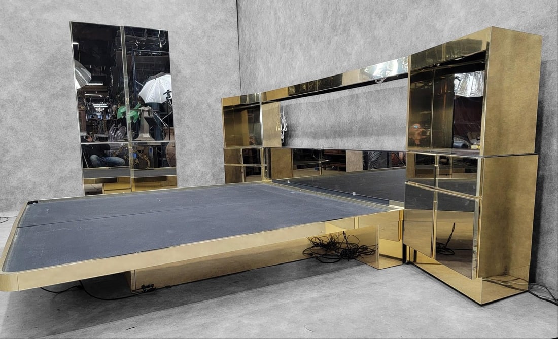 MCM Bronze Mirrored and Brass Bedroom Set by Ello: Title: MCM Bronze Mirrored and Brass Bedroom Set by Ello Description: Vintage Mid Century Modern Bronze Mirrored and Brass Finish Bedroom Set This gorgeous set comes with a King Bed and an Armoire.