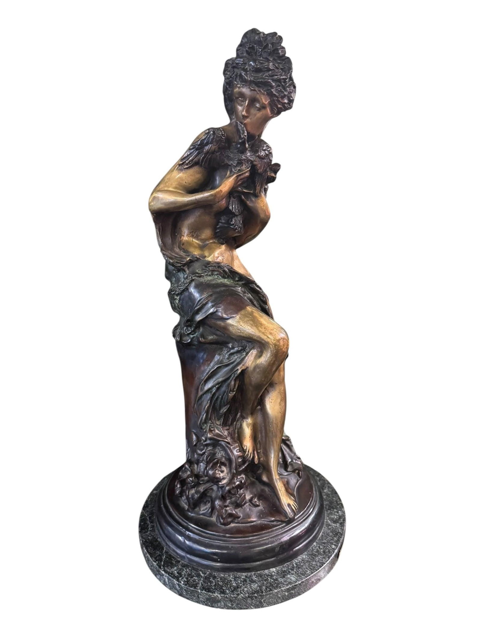Antique Bronze Figural Sculpture by Emmanuel Villanis: Title: Antique Bronze Figural Sculpture by Emmanuel Villanis Description: Antique Woman with Doves Bronze Sculpture on a Marble Base by Emmanuel Villanis This stunning piece captures the grace and
