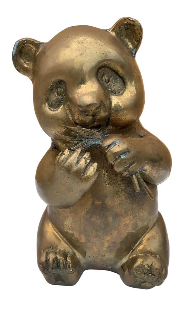 MCM Brass Panda Statue Figurine: Title: MCM Brass Panda Statue Figurine Description: *** , Mid Century Modern Brass Panda Statue Figurine A fun mid century modern sitting brass panda statue with foliage in hands would be a cute