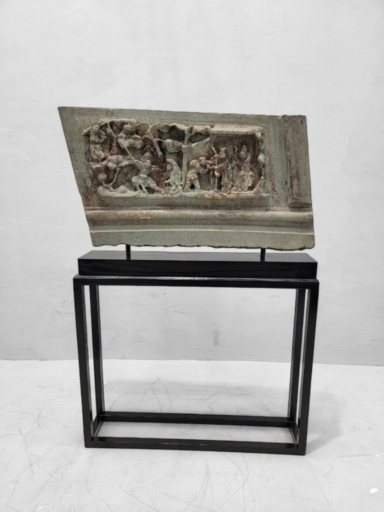 16th Century Chinese Hand Sculpted Grey Stone Panel with Stand Sculpture: Title: 16th Century Chinese Hand Sculpted Grey Stone Panel with Stand Sculpture Description: 16th Century Chinese Hand Sculpted Grey Stone Panel with Stand Sculpture This exquisite 16th century