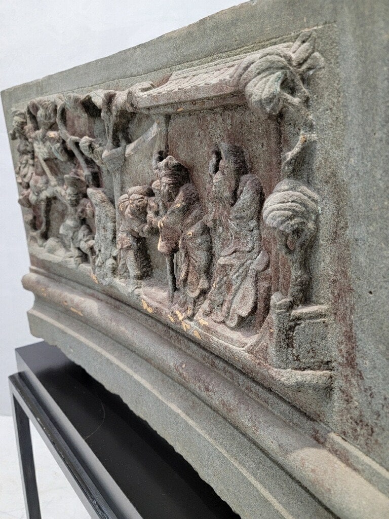 16th Century Chinese Hand Sculpted Grey Stone Panel with Stand Sculpture - 4