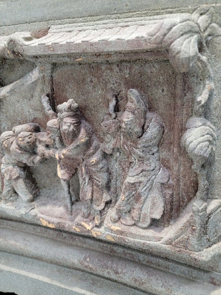 16th Century Chinese Hand Sculpted Grey Stone Panel with Stand Sculpture - 5