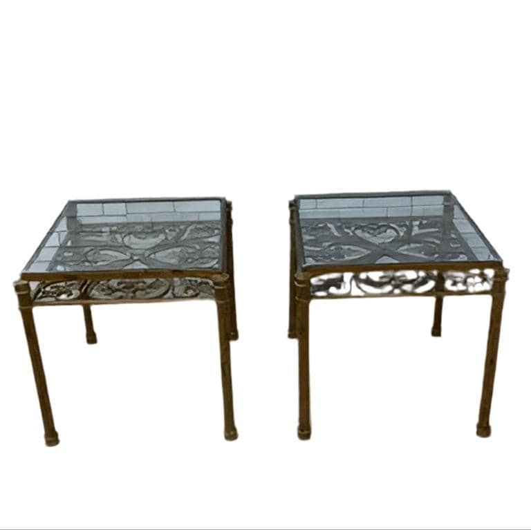 Hollywood Regency Ornate Iron Side Tables - Pair: Title: Hollywood Regency Ornate Iron Side Tables - Pair Description: Hollywood Regency Antique Gold Forged Wrought Iron Glass Top Side Tables - Pair This beautifully crafted pair of vintage forged
