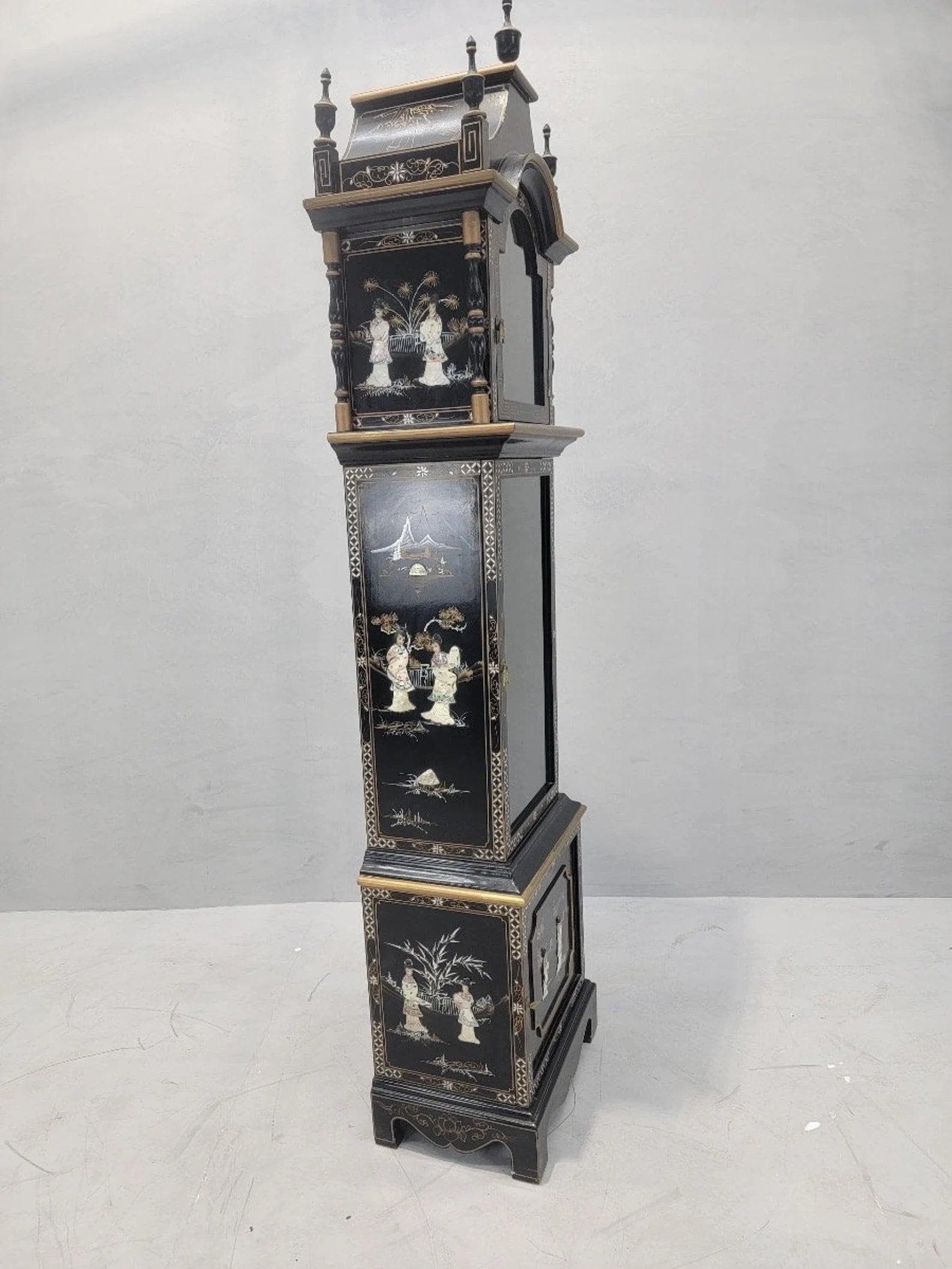 Vintage Wai Hing Clocks Co. Chinoiserie Black Lacquer Hand-Painted Mother of Pearl inlaid German - 6