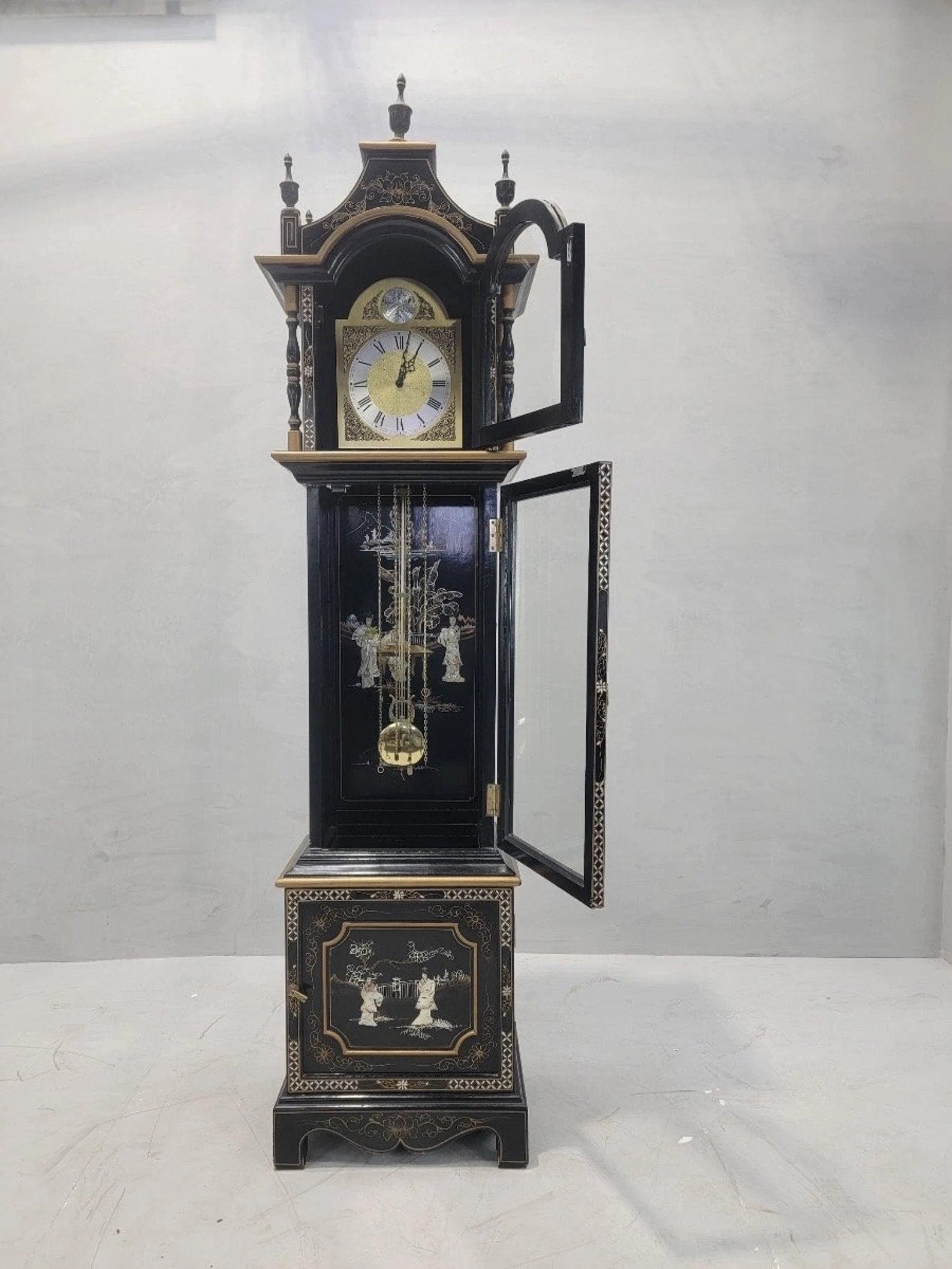 Vintage Wai Hing Clocks Co. Chinoiserie Black Lacquer Hand-Painted Mother of Pearl inlaid German - 7