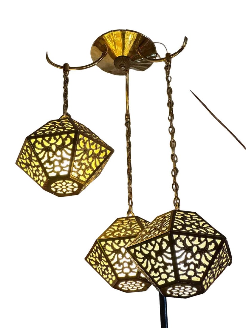 Vintage Asian Style Brass Multi Tiered Pendant Chandelier - 9