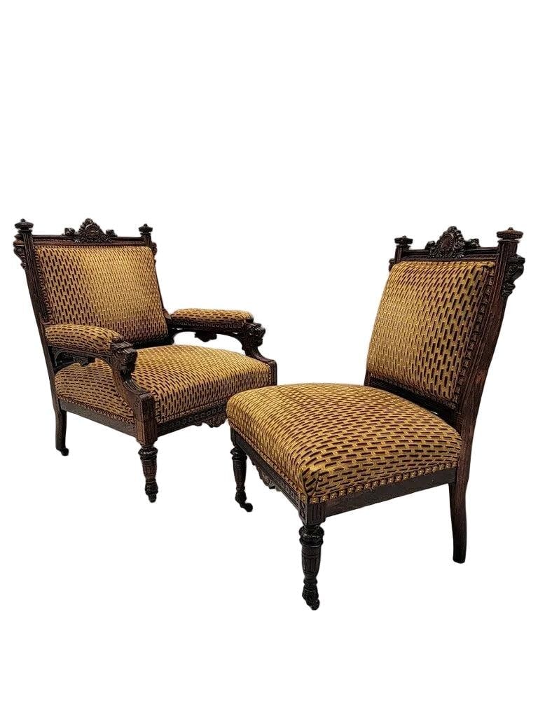 Antique Renaissance Revival Figural Carved Framed Parlor Chairs Reupholstered - Set of 2 - 2