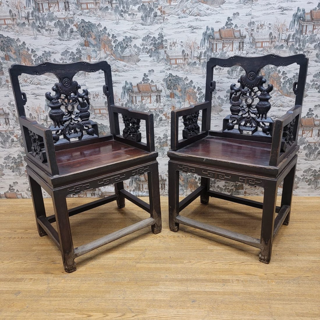 Antique Shanxi Province Carved Elm Wood Top Hat Seat - Pair: Title: Antique Shanxi Province Carved Elm Wood Top Hat Seat - Pair Description: Antique Shanxi Province Carved Elm Wood Top Hat Seat - Pair This pair of antique Shanxi province chairs is a truly