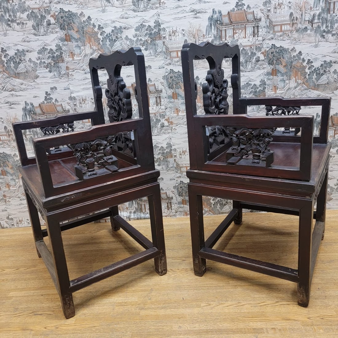 Antique Shanxi Province Carved Elm Wood Top Hat Seat - Pair - 2