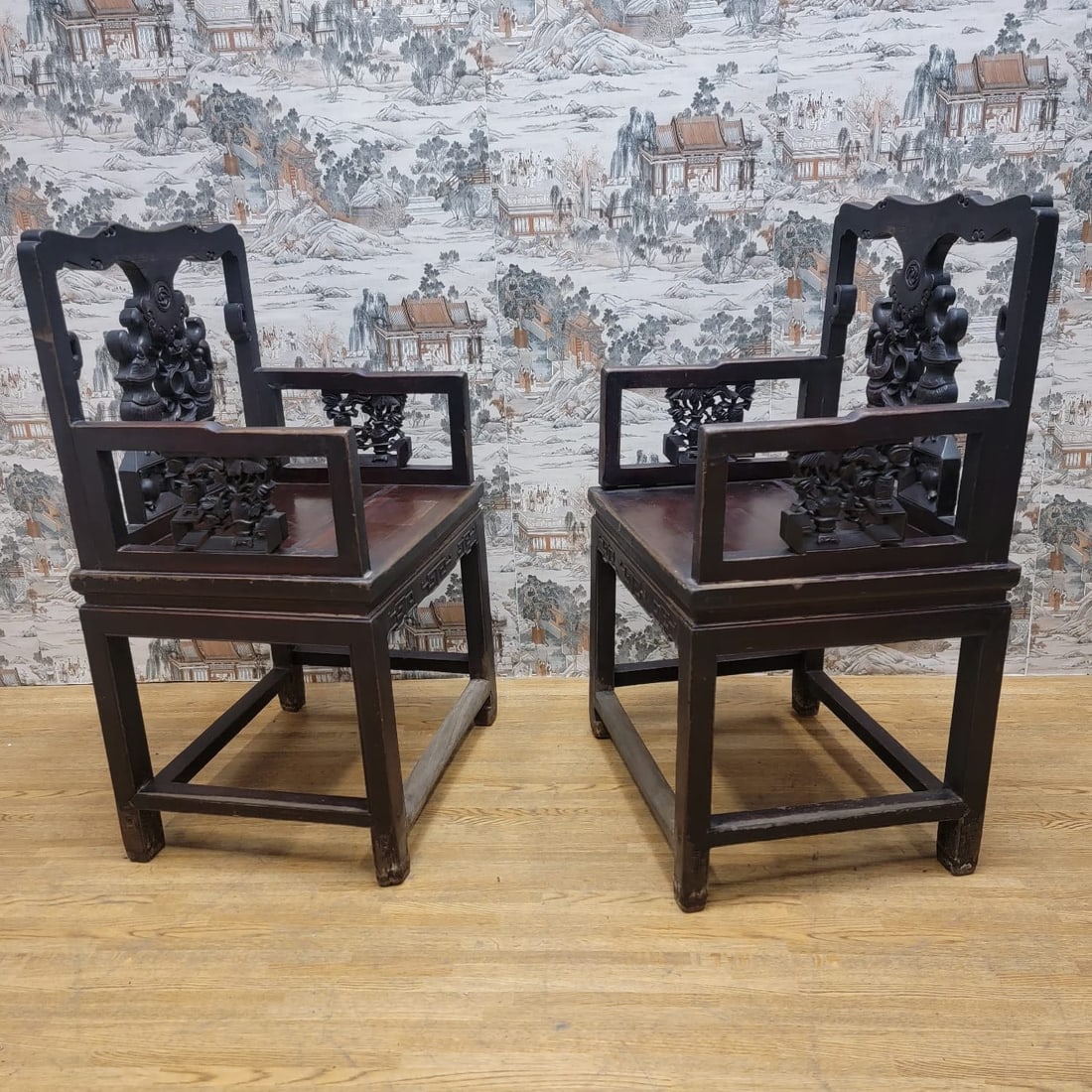 Antique Shanxi Province Carved Elm Wood Top Hat Seat - Pair - 4