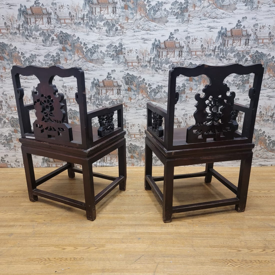 Antique Shanxi Province Carved Elm Wood Top Hat Seat - Pair - 5