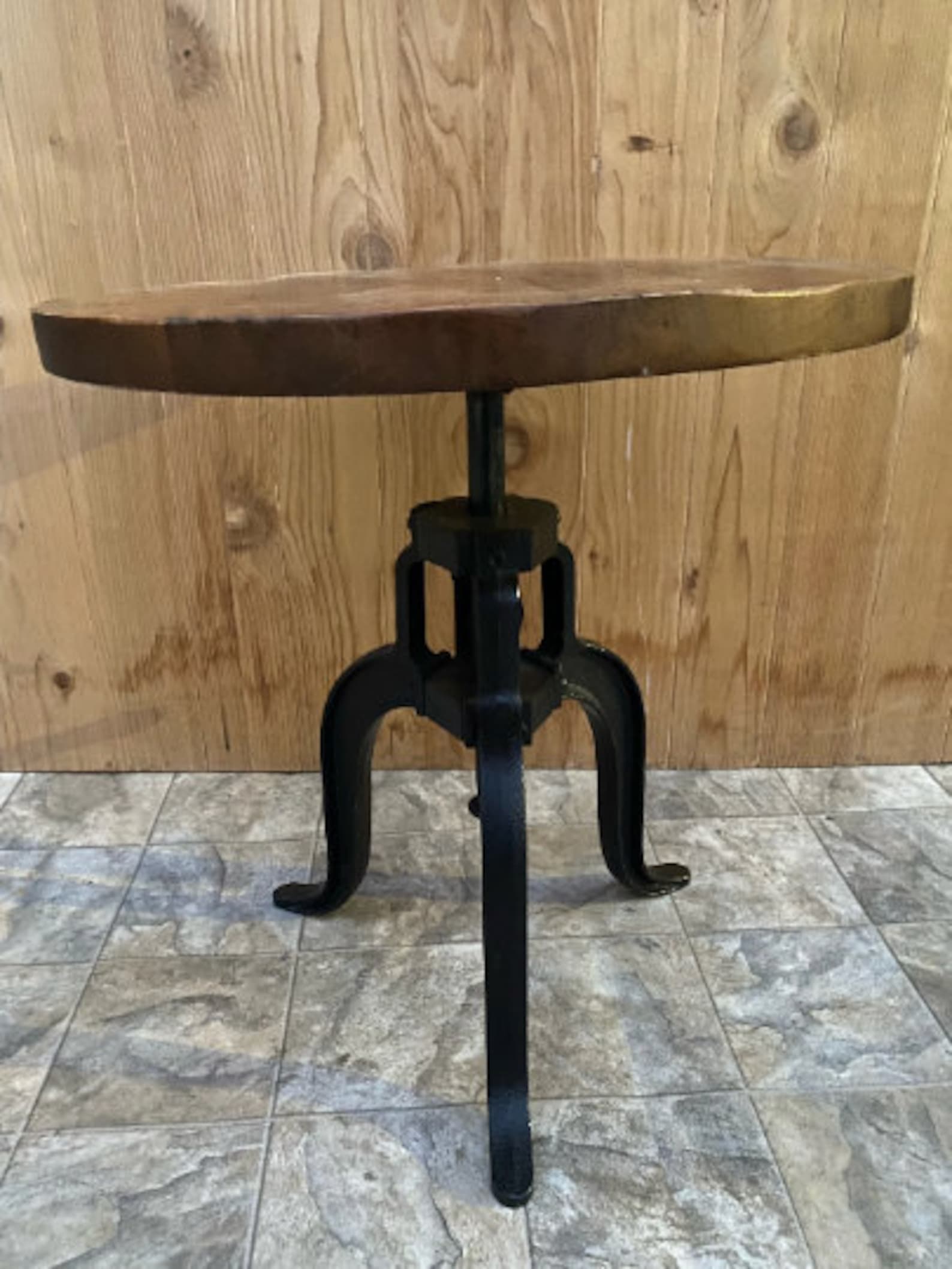 Vintage Industrial Top Crank Adjustable Table: Title: Vintage Industrial Top Crank Adjustable Table Description: Vintage Industrial Wood Top Crank Table with Wrought Iron Base Very sturdy vintage industrial wood round top with black iron crank