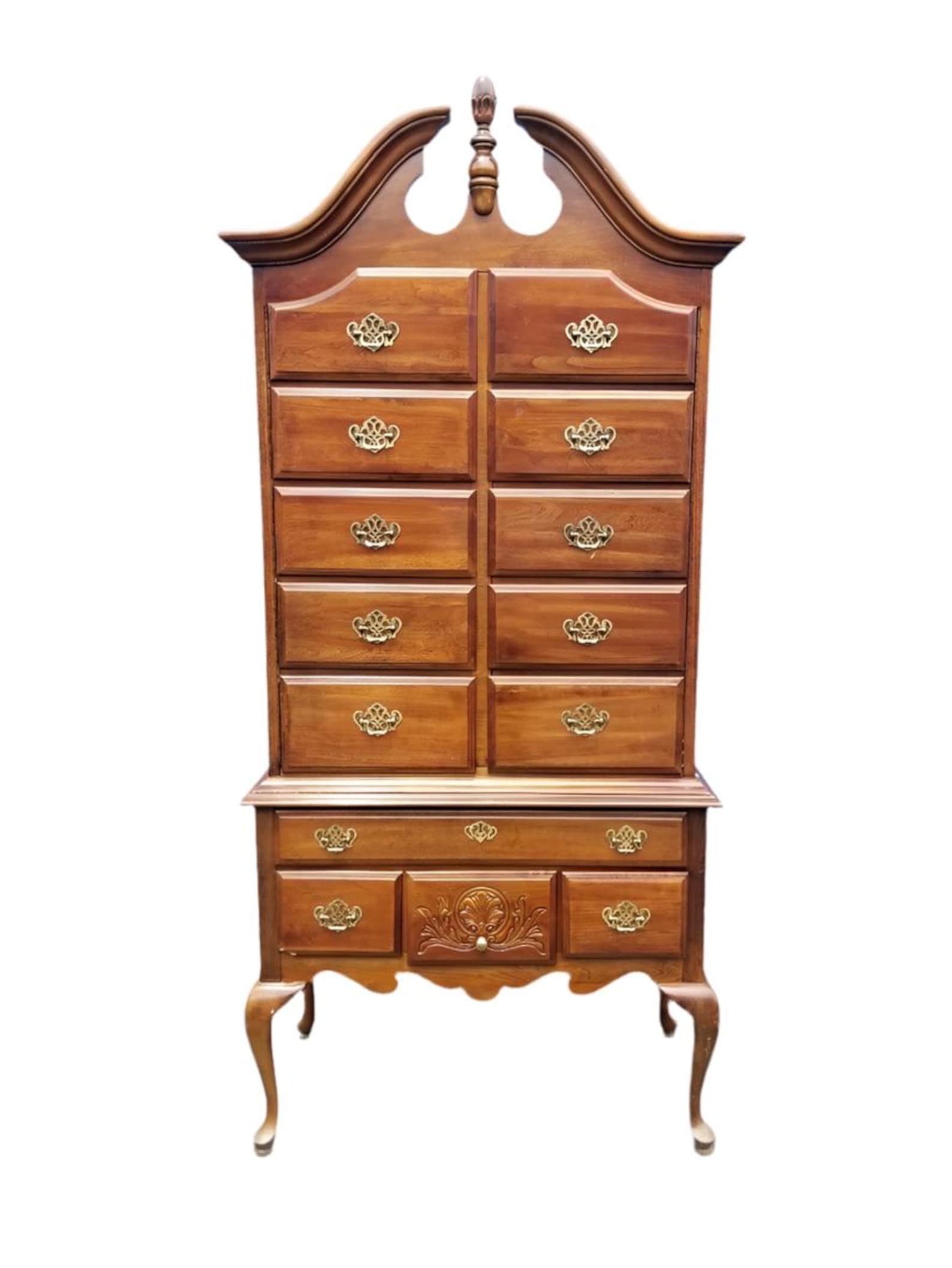American Drew Traditional Highboy Chest Designed Cabinet: Title: American Drew Traditional Highboy Chest Designed Cabinet Description: Vintage American Drew Solid Mahogany Traditional Highboy or Tall Chest Designed Into a Full Liquor Cabinet with Lighting It