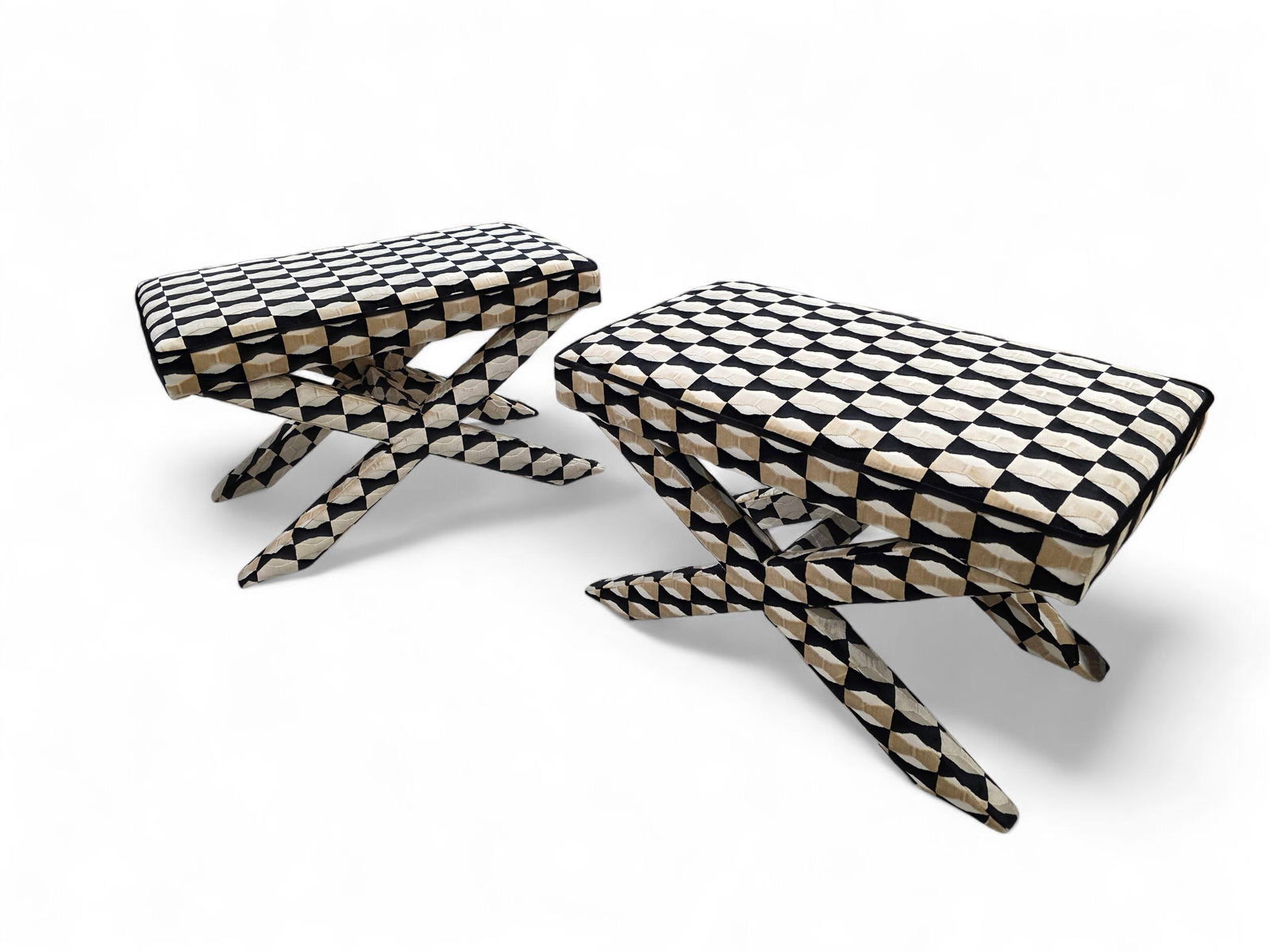 MCM X Base Ottomans/Benches Newly Reupholstered - Pair: Title: MCM X Base Ottomans/Benches Newly Reupholstered - Pair Description: Mid Century Modern Designer X Base Ottomans/Benches Newly Reupholstered in a Kate Spade Bow-Tie Patterned Chenille Fabric -