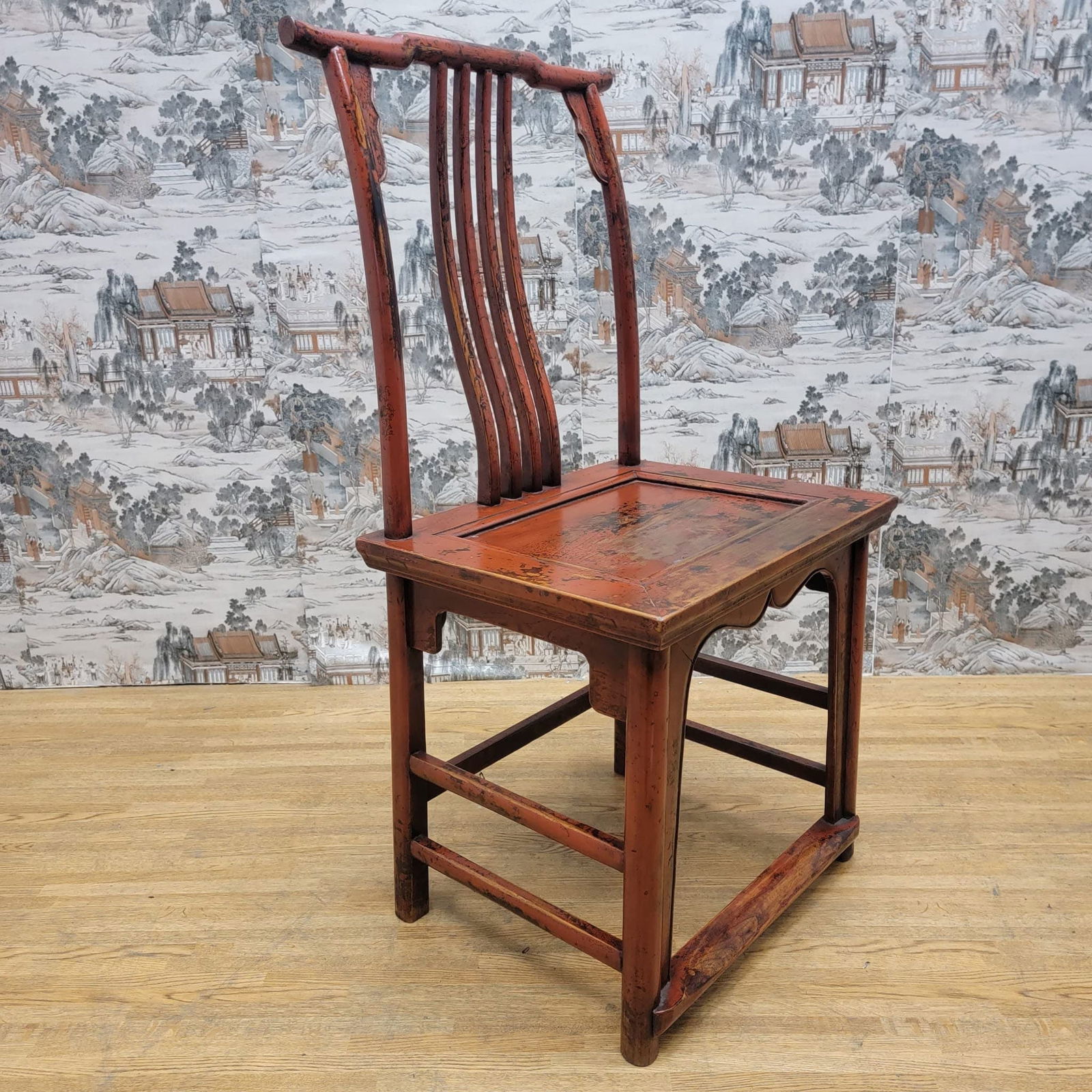 Antique Shanxi Province Red Lacquer Elm Side Chair (1 of 9)