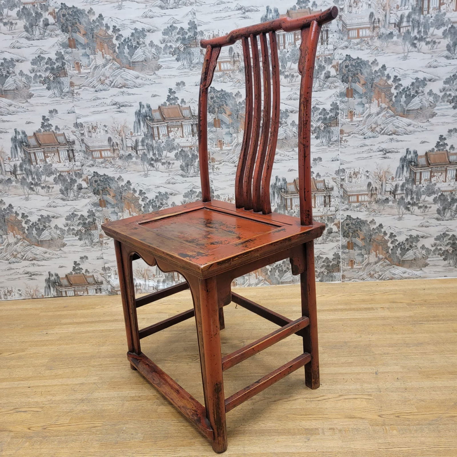 Antique Shanxi Province Red Lacquer Elm Side Chair - 5