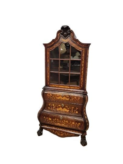 Antique Dutch Marquetry Corner Display Cabinet: Title: Antique Dutch Marquetry Corner Display Cabinet Description: Antique Dutch Walnut Inlaid Marquetry Corner Display Cabinet A Truly Superb Antique Dutch Marquetry Walnut Corner Shelf Break-Front D