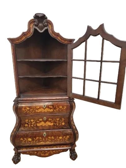 Antique Dutch Marquetry Corner Display Cabinet - 8