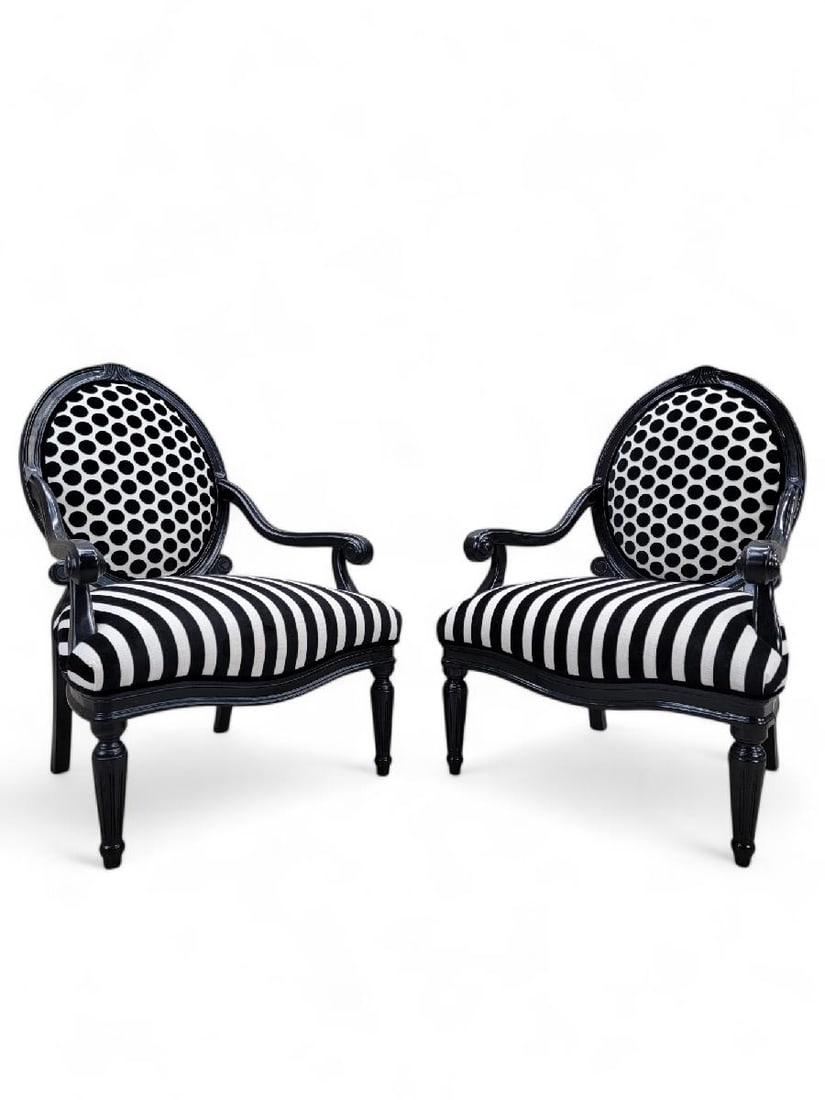 Vintage French Louis Style Chairs Newly Reupholstered - Pair: Title: Vintage French Louis Style Chairs Newly Reupholstered - Pair Description: Vintage French Louis Style Armchairs Newly Reupholstered in Black & White, Stipe & Polka-Dot Patterned Velvet - Pair 