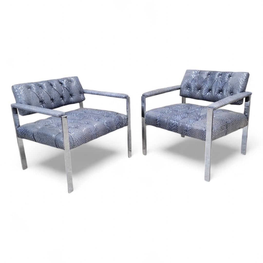 MCM Milo Baughman Style Button Tufted Chairs Newly Reupholstered- Pair - 2