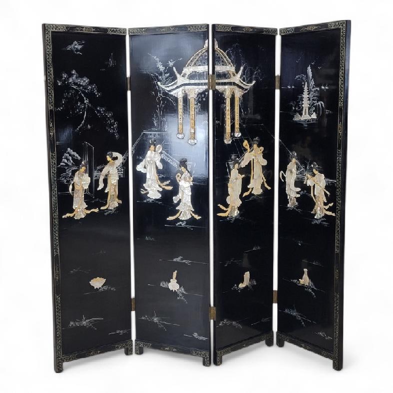 Antique Mother of Pearl & Hand Painted Asian 4 Panel Privacy Screen: Title: Antique Mother of Pearl & Hand Painted Asian 4 Panel Privacy Screen Description: Antique Mother of Pearl & Hand Painted Asian 4 Panel Privacy Screen Divide your living room or bedroom space