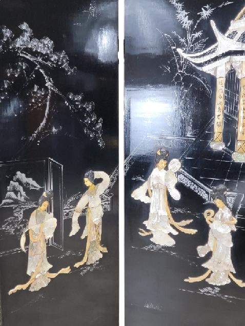 Antique Mother of Pearl & Hand Painted Asian 4 Panel Privacy Screen - 2