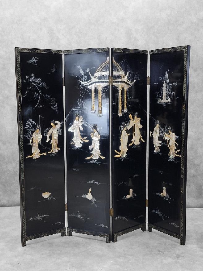 Antique Mother of Pearl & Hand Painted Asian 4 Panel Privacy Screen - 3