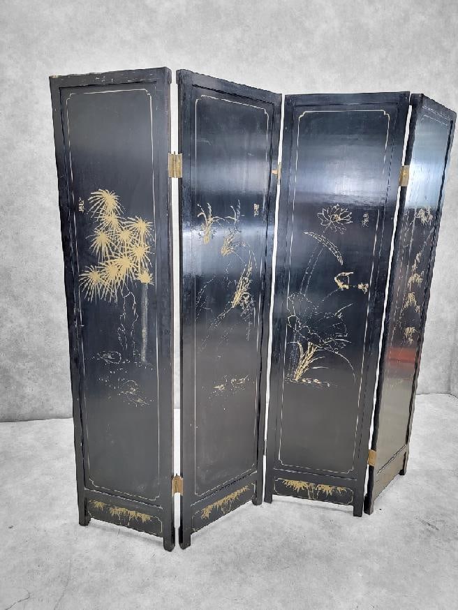 Antique Mother of Pearl & Hand Painted Asian 4 Panel Privacy Screen - 5