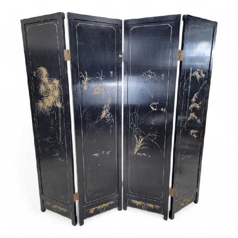 Antique Mother of Pearl & Hand Painted Asian 4 Panel Privacy Screen - 6