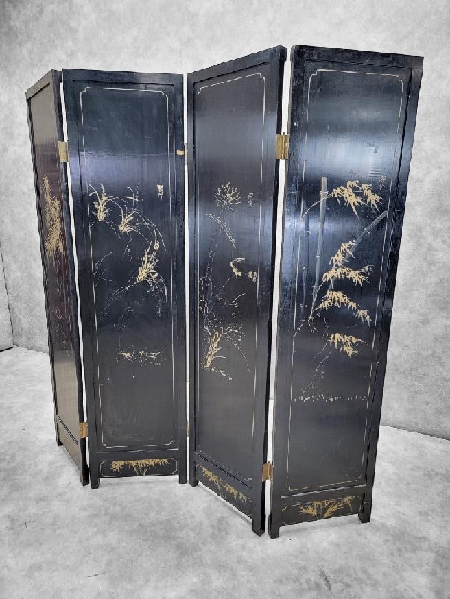 Antique Mother of Pearl & Hand Painted Asian 4 Panel Privacy Screen - 7