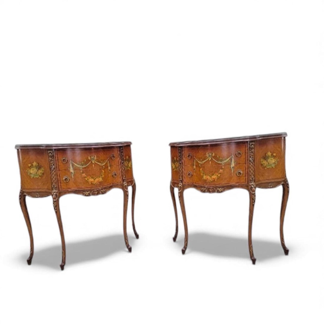 Antique Neoclassical French Style Hand Painted End Tabes/Nightstands - Pair: Title: Antique Neoclassical French Style Hand Painted End Tabes/Nightstands - Pair Description: Antique Neoclassical French Style Hand Painted Satinwood Side/End Tabes/Nightstands - Pair This