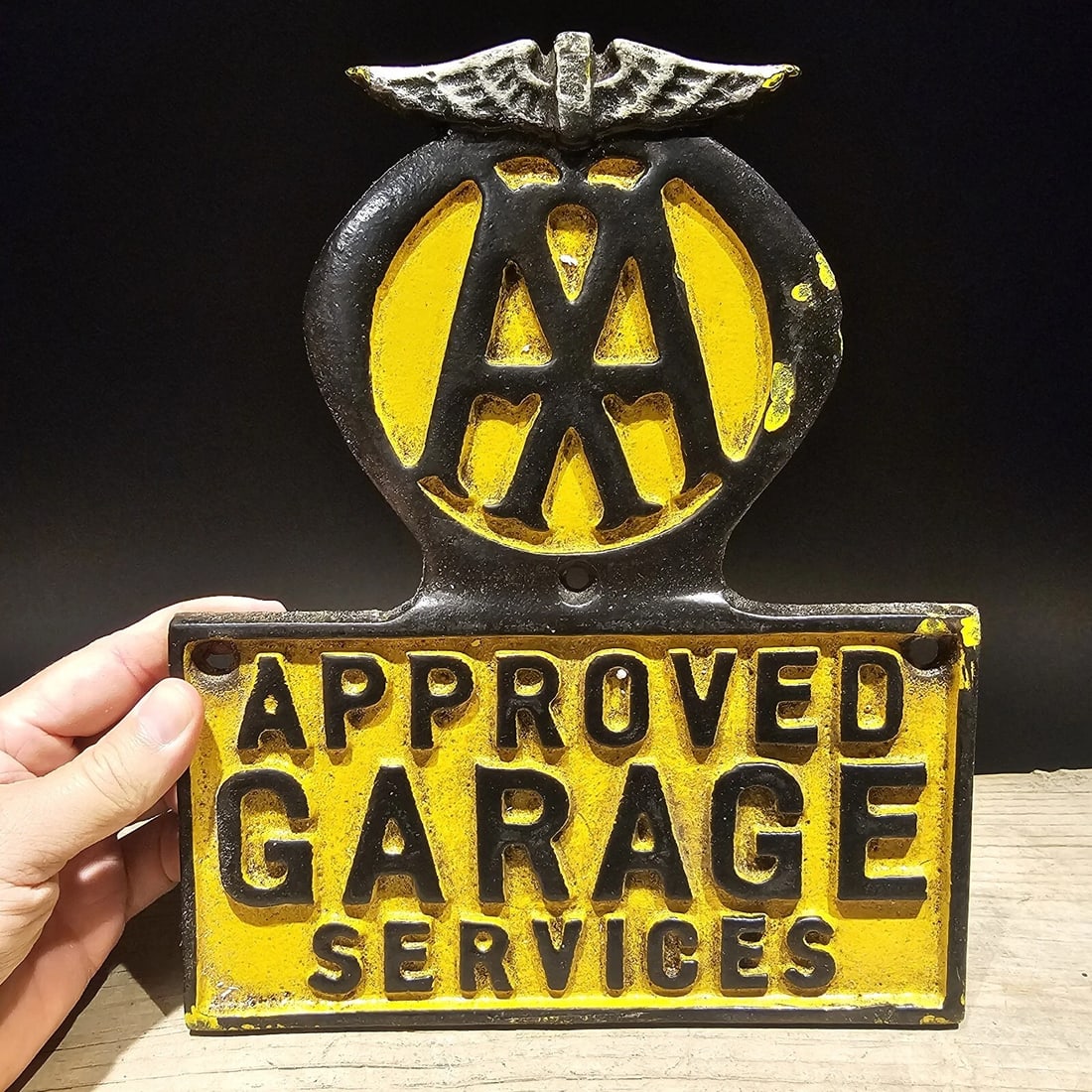 Cast Iron AAA Approved Garage Sign Plaque: Title:Cast Iron AAA Approved Garage Sign PlaqueDescription:11" H x 9" W Wonderful reproduction antique cast Iron AAA sign. Nice raised detail heavy quality and authentic aged surface. Reserve: 