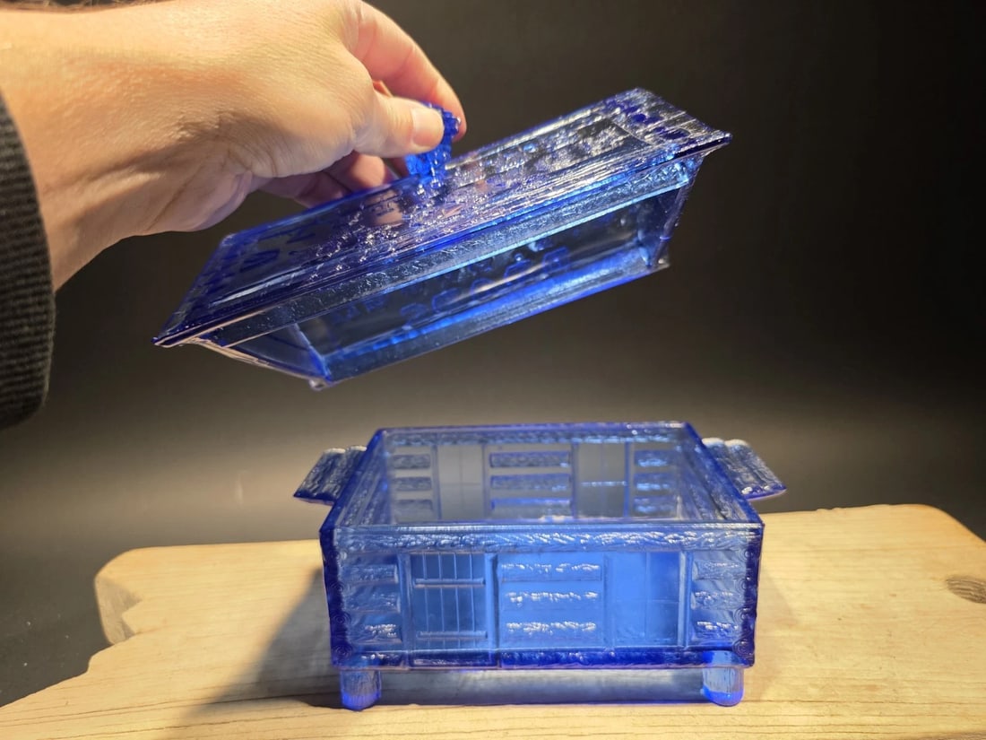 Cobalt Blue Depression Glass Cabin Candy Dish Box - 7
