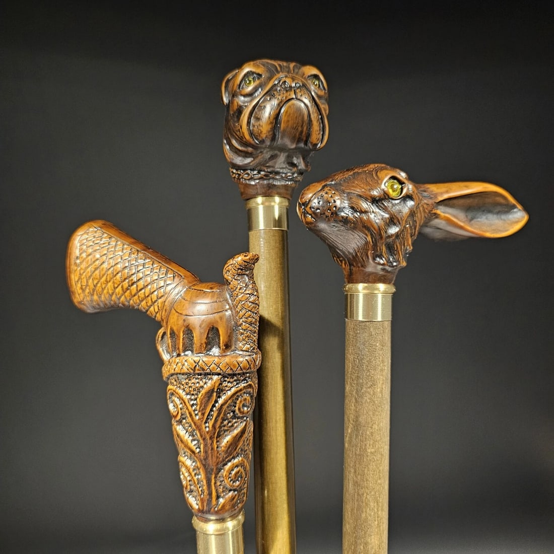 Lot of 3 Figural Walking Stick Canes: Title:Lot of 3 Figural Walking Stick Canes Description:(3) 36" Long 3/4" shaft Wonderful lot of 3 figural walking canes, all made in Italy. Crafted from robust cellulose acetate, the handles all sits