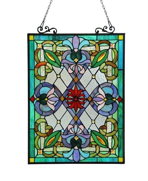 25" Stained Glass Hanging Window Pane Suncatcher: Title:25" Stained Glass Hanging Window Pane Suncatcher Description:25.59" x 17.99 Tiffany-style stained glass window panel inspired by late-19th and early-20th century decorative glass designs popular
