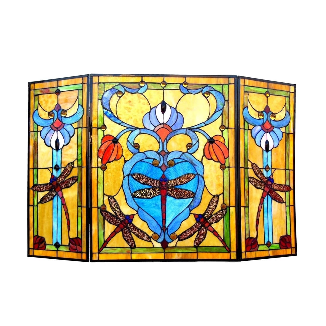 44" Folding Dragonfly Stained Glass Fireplace Screen - 2