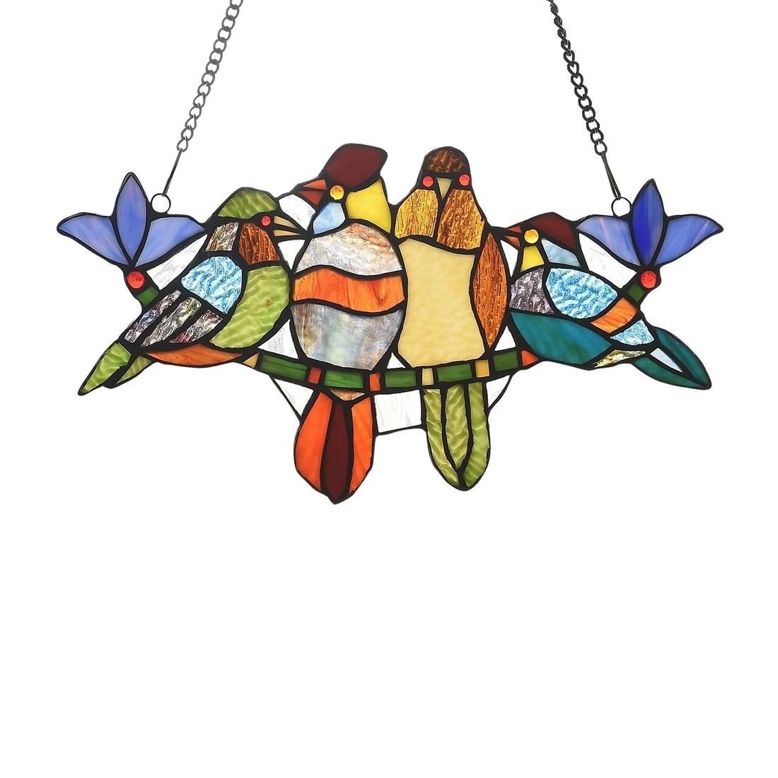 15.7 " 4 Bird Stained Glass Window Hanging Panel Suncatcher: Title:15.7 " 4 Bird Stained Glass Window Hanging Panel Suncatcher Description:15.7" Wide x 8.5" tall Great reproduction glass panel with 4 song birds. This piece is hand made from individually cut pie